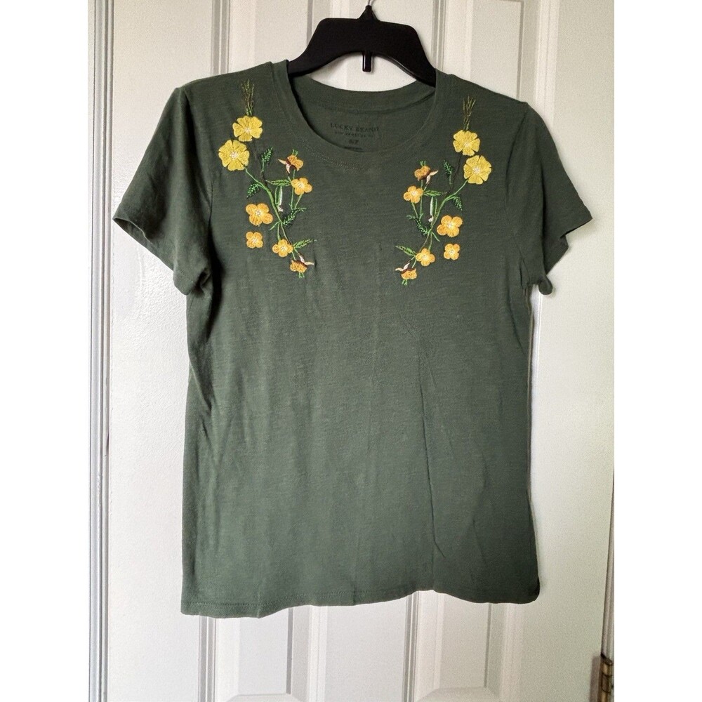 Lucky Brand Women’s Dark Green Embroidered Floral T Shirt Garden Cottagecore s
